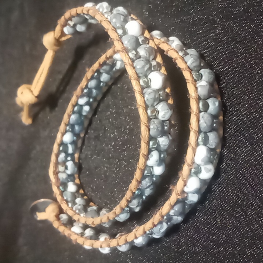 Wrap bracelet 14 inches long .Washed denim color seed beads.